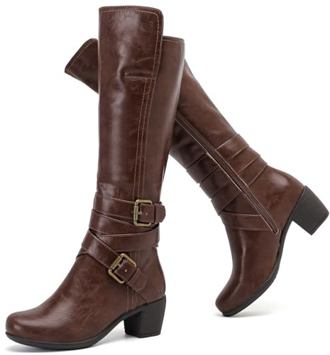 Ruiee Women's Knee High Boots Fashion Heeled Boots. | Chunky Heel, Casual Versatile, Side Zipper, Comfort, Faux Leather, Round Toe, Stylish