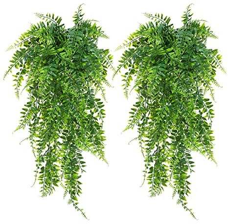 HAOHIZE Felci Pendenti Artificiali per Esterni, 2 Pezzi Piante Pendenti Artificiali Finte Piante Finte in Plastica per Esterni Piante Felci Finte Appese a Parete Verde