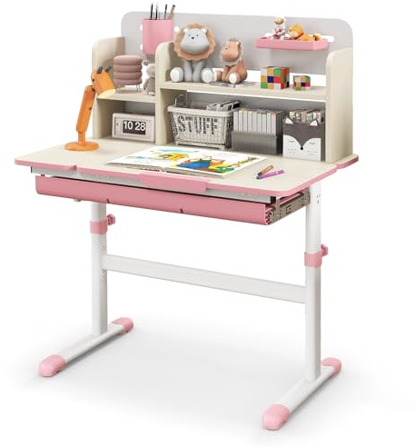 DREAMADE Bureau Enfant 2 Niveau avec Plateau Inclinable&Hauteur Réglable,Table d'Étude Ergonomique avec Bibliothèque&Tiroir&,Bureau d'Ecriture Fille Garçon,Charge 100KG (4 Compartiments,Rose)
