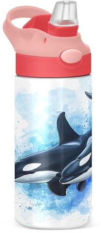 Sevdomey Killer Whales Kids Water Bottle for Girls Boys, Stainless Steel Insulated Leakproof Water Bottle 350ml with Straw for School Nursery Travel Sports