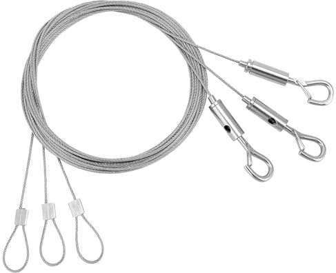 QWORK® Juego de 3 cable de colgar de acero inoxidable, 2 m, φ1.5 mm, con ganchos bloqueables para marcos, espejos, lámparas, cortinas y más, soporta hasta 30 kg