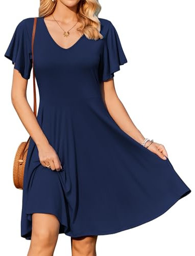 Zeagoo Vestitio Donna Estivio Maniche Corte Vestit con Scollo a V Casual da Spiaggia Abiti Estivi Casual Aderente con Tasche Blu/Viola M