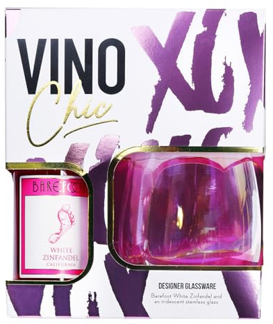 Vino Chic Wine Gift Set, including a 187ml bottle of Barefoot White Zinfandel Wine and an iridescent stemless wine glass. Perfect for Christmas, Birthdays and Mother’s Day.