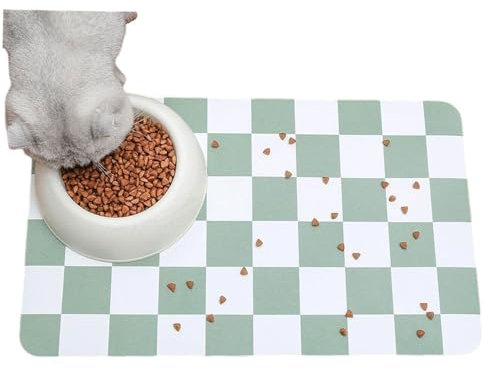 Mateju Tapis Gamelle Chat Chien, Super Absorbant Lavable Tapis Chat Gamelle, Damier Séchage Rapide Antidérapant de Gamelle de Nourriture (Vert Clair,30x50cm)