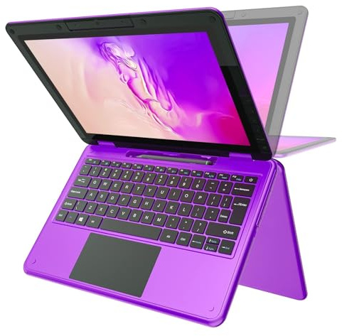 AWOW Touchscreen-Laptop, 2-in-1 11,6 FHD 4-Core Celeron N4120 Prozessor WI-11 OS 6GB RAM 128GB M.2 SSD Speicher Convertible Laptop für Kinder (Lila, QWERTY)