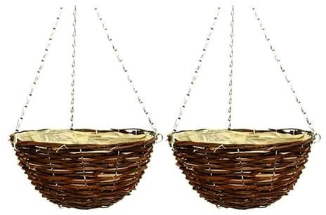 shopior Wicker Basket Planters – Natural Rattan Willow Hanging Flower Pots with Polythene Liner & Metal Chain – Large Decorative Hanging Planters for Indoor & Outdoor Garden, Balcony, 30cm 12Inch (2)