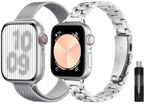 baklon 2 Pezzi Compatibile con Cinturino Apple Watch Donna, Acciaio Inossidabile, 42mm(Series 1 2 3) 44mm 45mm 49mm 46mm, Series Ultra2/Ultra/SE2/SE/10 9 8 7 6 5 4 3 2 1, Argento