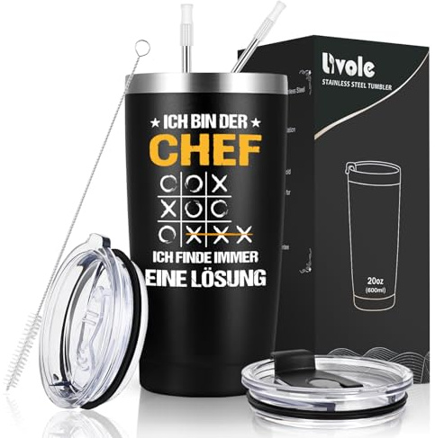 Livole Tasse Chef Geschenke Weihnachten, Ich bin der Chef, ich finde immer eine Lösung, Geschenk für Boss, Kollegen, Mann Geschenkideen für Männer, Ihn, 600ml 20oz Camping Kaffeebecher Thermo