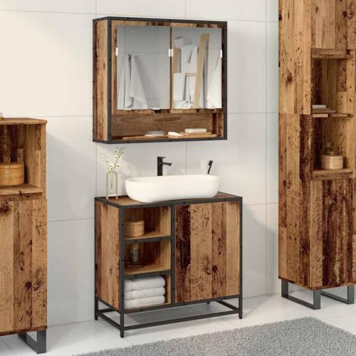 QZZCED Mueble Lavabo Baño Madera Roble Envejecida 65x33x60 cm Gabinete Almacenamiento Estilo Industrial con Marco Acero Negro Resistente a la Humedad Montaje Sencillo