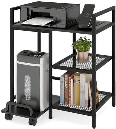 COSTWAY 3-stufiger Druckerständer mit Steckdosen & USB & Type-C Anschluss, mobiler Druckertisch mit Ablagefächern & abschließbaren Rollen, Lagerregal für Büro & Homeoffice (Schwarz)