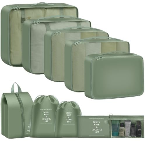 Koffer Organizer Set, 10 Stück Packing Cubes for Suitcase Travel Accessories Kofferorganizer Set Kleidertaschen Packwürfel Kosmetik Travel Organizer Packtaschen für Koffer-olivgrün