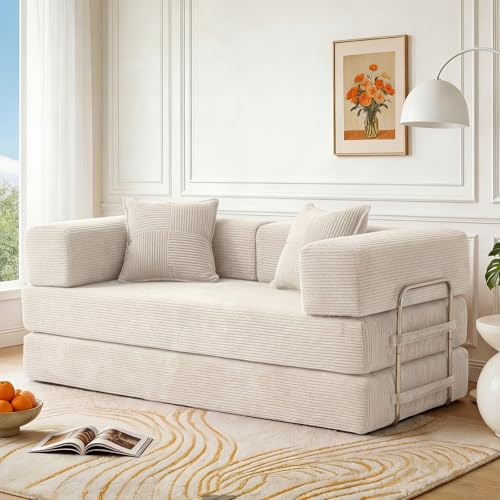 Vipbear Boneless Schlafsofa Doppelbett, 160 cm Premium Corduroy 5-in-1 Vielseitige Memory-Schaum Klappsofas für Wohnzimmer, Weiß