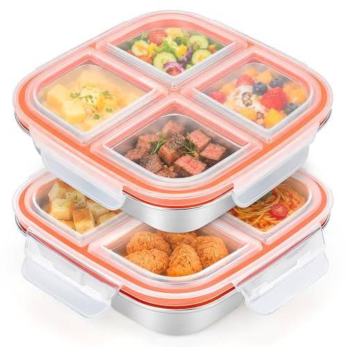 CSYY 2 Stück Edelstahl Snackboxen, 4 Fächern Lunchbox Wiederverwendbare Snack Behälter Leckdichte Bento Box Auslaufsichere Brotdose BPA-freifür Kinder Erwachsene Schule Arbeit Picknick Camping