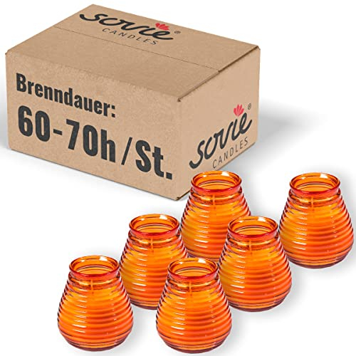 Glaswindlicht Flairlight für schönes Ambiente Hochzeit | Kerzen Brenndauer ca. 60-70 Std. | Feier Tischdekoration Gastronomie 6 Stück im Tray (Orange)