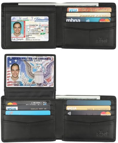 HIMI Men's Black Leather RFID Protected Bi-Fold Wallet with 10 Card Slots, 2 ID Windows, 2 Currency Pockets, Minimalist Design