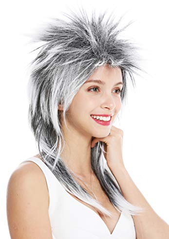 WIG ME UP - DH1069-P103TP60 Perücke Fasching Karneval Punk Vokuhila Rocker wild 80s Wave toupiert lang schwarz weiß