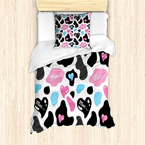 ABAKUHAUS Kuh-Druck Bettbezug Set, Kuhfell Herz, Milbensicher Allergiker geeignet mit Kissenbezügen, 135 cm x 200 cm - 80 x 80 cm, Pale Pink Schwarz Weiß