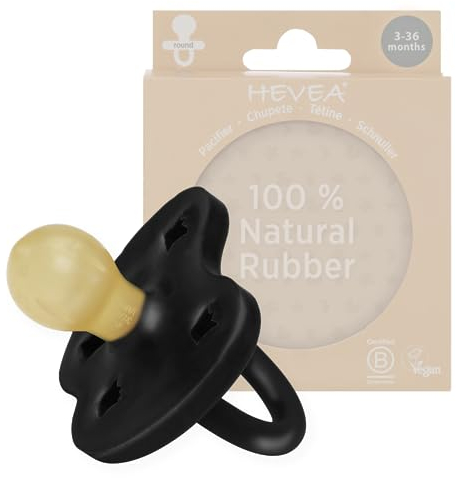 HEVEA Naturkautschuk Schnuller RUND Form, 3-36 Monate - Hygienisches Einteiliges Design für Neugeborene bis Kleinkinder, BPA-frei, Weich & Langlebig - Einzelpackung (Onyx Schwarz)