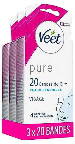 VEET Pure – 60 Streifen Kaltwachs für Gesicht – empfindliche Haut – empfohlen von Dermatologen – langanhaltende Haarentfernung – 3 x 20 Streifen