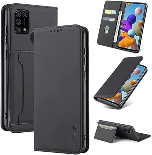 S. Dawezo Handyhülle für Samsung Galaxy M31 Hülle,Premium Leder Klappbare Flip Case [Stoßfeste][Magnetische][Standfunktion] [Kartenfächern] Tasche Schutzhülle für Samsung Galaxy M31-Schwarz