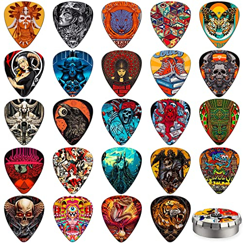 Guitar Picks, 24 Stück Plektrum 0.46/0.71/0.96/1.20mm 4 Verschiedene Stärke Zelluloid Plektron,Gitarren Plectrum für Akustikgitarre, E-Guitar, Bass,Ukulele(Mix-2)