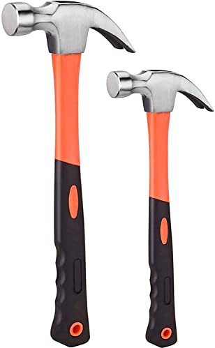 8OZ & 16OZ / 500G 250G SHANQIAN Lot de 2PCS Marteau de Charpentier, 33CM & 27.5CM Marteau Arrache Clou, Marteau à Panne Fendue, Poignée Anti-choc, Marteau Magnétique avec Manche Fibre de Verre