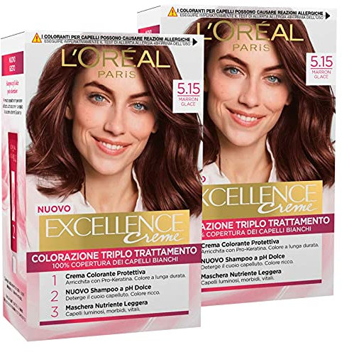 L'Oréal Paris - Tinte permanente Excellence Creme 5.15 Marron Glace, triple tratamiento, cubre el 100% de los cabellos blancos de larga duración con ácido hialurónico, 2 tintes