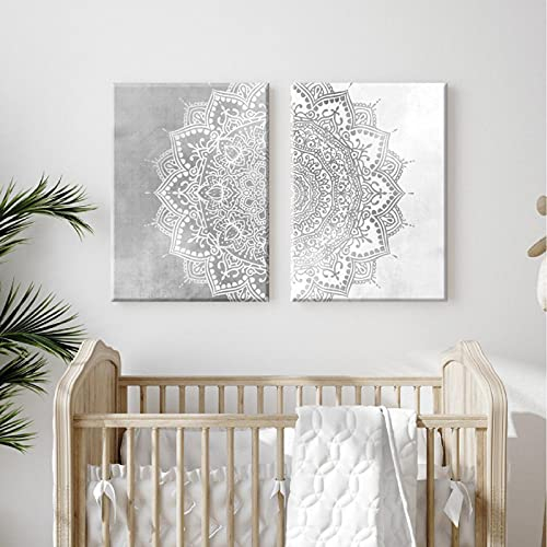 Böhmen Mandala Wand Kunstdruck Beige Grau und Weiß Leinwand Malerei Poster Bild Yoga Wohnzimmer Home Interior Decor 70x100cm(27,6x39,4in) x2 Rahmenlos