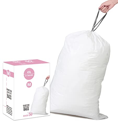 Simplelisa Code M (50 Count) 12 Gallon Heavy Duty Drawstring Plastic Trash Bags Compatible with simplehuman Code M | 1.2 Mil White Garbage Can Liners 12 Gallon / 45 Liter
