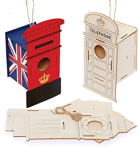 Baker Ross PJ158 Make Your Own Birdhouse Wooden Craft Kit for Kids - Pack of 3, London Icons Big Ben, Telephone and Post Box, British Crafts for Kids