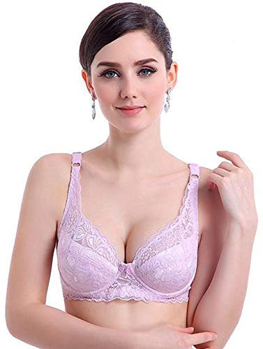 Ayigedu Women's Deep V Sexy Floral Lace Bra Underwire Thin Padded Plunge Bra 42-AA Pink