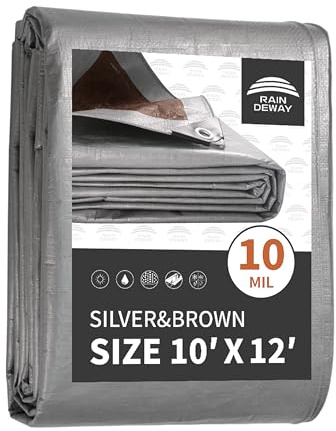 RAINDEWAY Tarps Heavy Duty Waterproof 10x12 Feet,10Mil Thick Multipurpose Poly Tarp Cover with Metal Grommets and Reinforced Edges,Silver/Brown Tarp