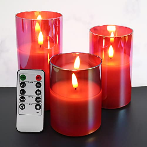 Eywamage LED-Stumpenkerzen aus rotem Glas mit Fernbedienung, flackernde flammenlose Batteriekerzen Φ 3 H 4 5 6