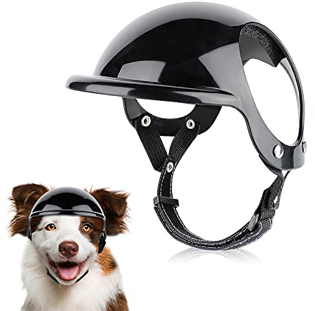 PETLESO Haustierhelm Hund-Motorradhelm Hundehut mit verstellbarem Kopfband Schutzhelm mit Ohrlöchern zum stabilen und bequemen Tragen für Outdoor-Aktivitäten beim Motorradfahren (Schwarz-S)