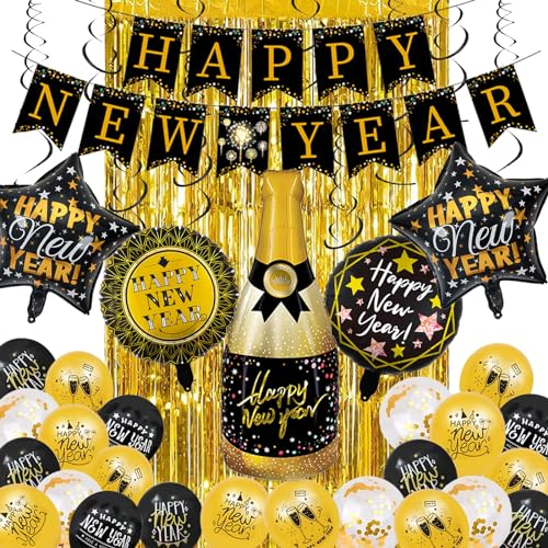 Silvester Deko, Neujahr Deko,33 Stücke Neujahr Silvesterdeko, Happy New Year Girlande, Lametta Vorhang, Luftballons, Neujahrsdeko, Silvesterpartydeko Accessoire für Silvesterparty