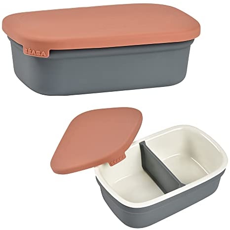BÉABA, Lunchox, Fiambrera, Bento, Comida para bebés, Fiambrera de cerámica, Tapa de silicona, Materiales saludables, Apta para horno y microondas, 540ml, Mineral/Verde salvia