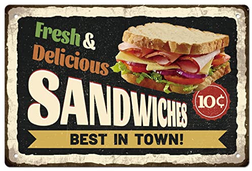SUPERDANT Metallschild Fresh & Delicious Sandwiches Blechschild Best In Town Vintage Deko Fast Food Metallschild Lustige Retro Deko Kaffeebar Wanddeko Für Sandwich Shop Outdoor Camping Freien Dekor