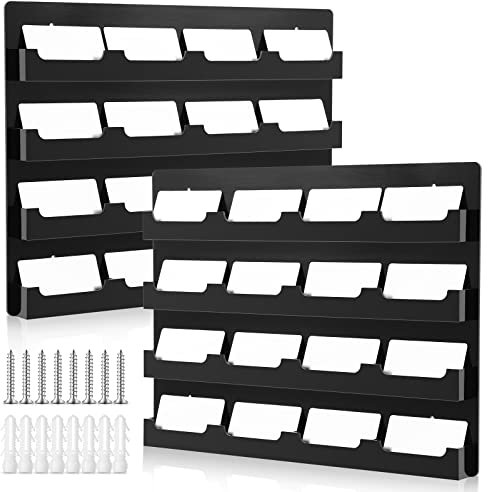 Geelin Lot de 2 supports muraux pour cartes de visite - 16 poches - En acrylique noir - Avec matériel de suspension - Présentoir vertical pour autocollants - Pour bureau et maison (horizontal)