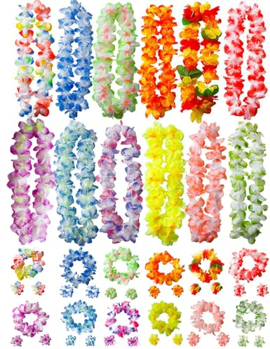 Hutato Hawaii Blumenketten Set,48 Stück Hawaiianische Blumen Halskette Stirnbänder Armbänder Hula Halskette Lei für Maui Luau Aloha Lilo Mottoparty Tropische Beach Party Dekorationen
