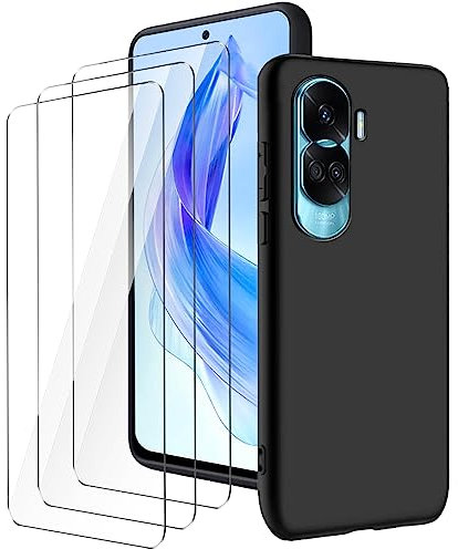 LYZXMY Coque pour Honor 90 Lite 5G (6.7) Noir Housse + 3 x Verre trempé Protection écran, Souple Silicone Étui Protection Bumper TPU Téléphone Case Cover