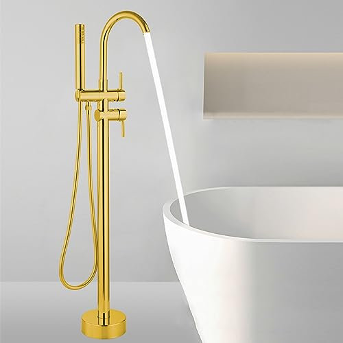 ZYCDP Robinet Salle Bain Baignoire Ilot,Robinet de Baignoire sur Pied avec Douchette à Main et 360° Rotation,Robinet de Baignoire Sur Pied Laiton,Mitigeur Baignoire ilot Chaud Et Froid,Or