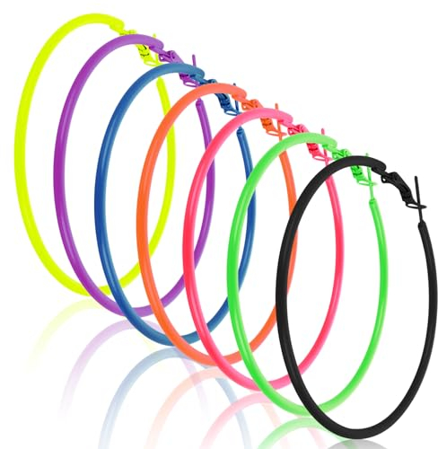 7 Paar Damen Neon Ohrringe Vintage 80er 90er Jahre Party Ohrringe Neon Hoop Earrings Rund Creolen Frauen Mädchen Neon Große Ohrringe Modeschmuck für 70er 80er Party Outfits Neon Creolen