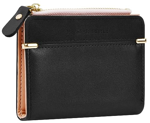 Wisebom Damen Geldbeutel Klein Geldbörse aus Weichem PU Leder mit Zipper, Mini Kartenhalter Portemonnaie Kleine Brieftasche für Frauen Geldbeutel Kurzformat(Schwarz/Rosa/Blau) (Schwarz)