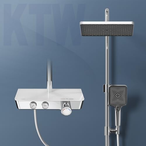 EMKE Duschsystem mit Thermostat Chrom, Regendusche (300 x 200 mm) mit Armatur, Duschset Handbrause mit 3 Strahlarten, Duschgarnitur mit glasablage, Duscharmatur Komplettset, Brauseset Überkopfbrause