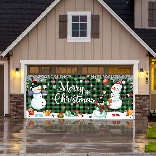 Großes Garagentor Banner Weihnachten 1,8x4m Merry Christmas Extra Großer Schneemann Weihnachtshintergrund Weihnachtsbanner Outdoor Wand Grün Kariert Dekor für Garagentor Party-Fotohintergrund