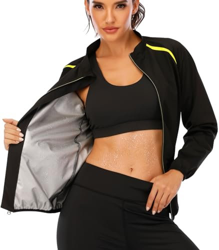 SEXYWG Damen-Saunaanzug, Schweiß, langärmelig, Saunajacke, zum Abnehmen, heißes Workout-Shirt mit Reißverschluss, Oberteil, Body Shaper, langschwarz, 46