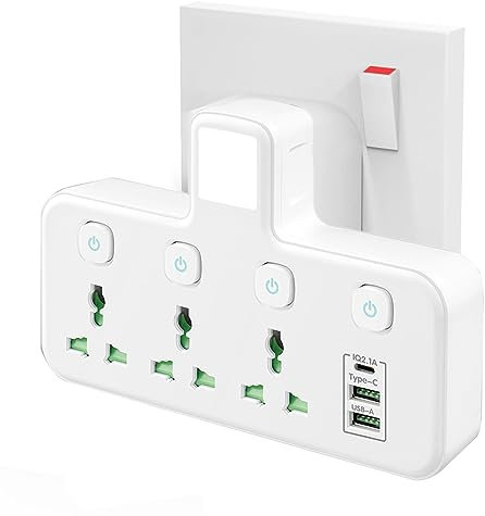 Plug Adapter Wall Socket With Nightlight,3 Way Plug Extension With 1 Type-C+2 USB Ports,Plug Adapter UK Multi Plug Adaptor with Individual Switches,Wall Plug Extender for Home, Office