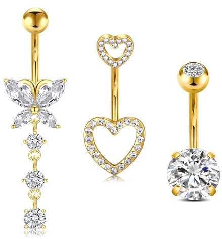 NIUSIMAN 3 Pièce Piercing Nombril Or,14G Piercing Nombril Acier Chirurgical Bague Belly Bar en avec CZ Clair Piercing Nombril Anneau Avec Long Papillon Dangly Pour Les Femmes Les Filles 10MM