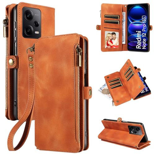 Dtdepth Handyhülle für Xiaomi Redmi Note 12 Pro 5G Hülle mit Kartenfach Geldbörse Magnetverschluss Schutzhülle Klapphülle Ständer Handytasche Leder Tasche Wallet Flip Case Cover - Braun