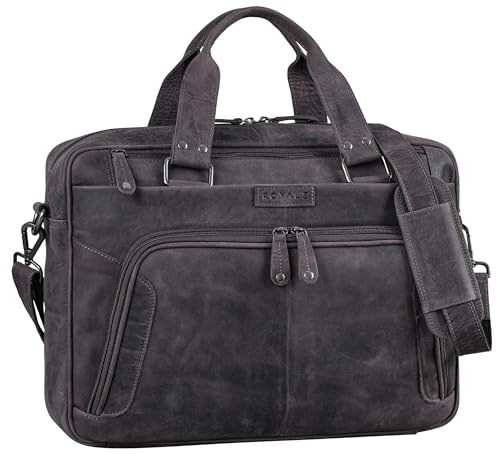 ROYALZ 'Chicago' Leder Umhängetasche Herren Laptoptasche 15,6 Zoll Messenger Bag Ledertasche groß Aktentasche Vintage Businesstasche für Männer Echtleder, Farbe:Navy Grau